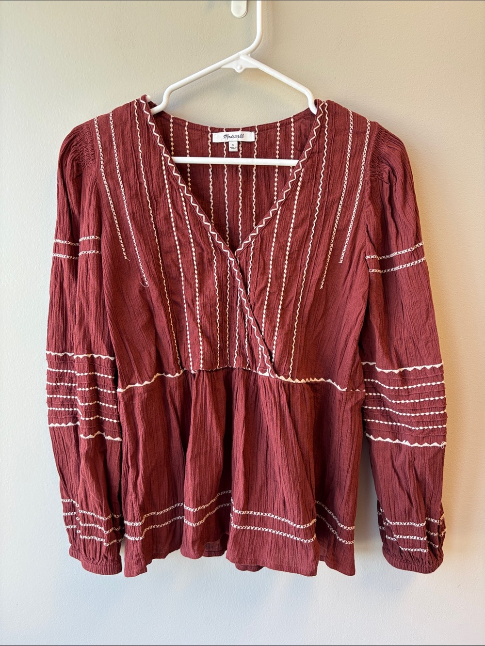 Madewell Burgundy V-Neck Embroidered Peasant Tunic